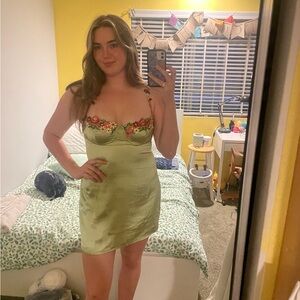 Princess Polly Light Green Satin dress with embroidered flower detail